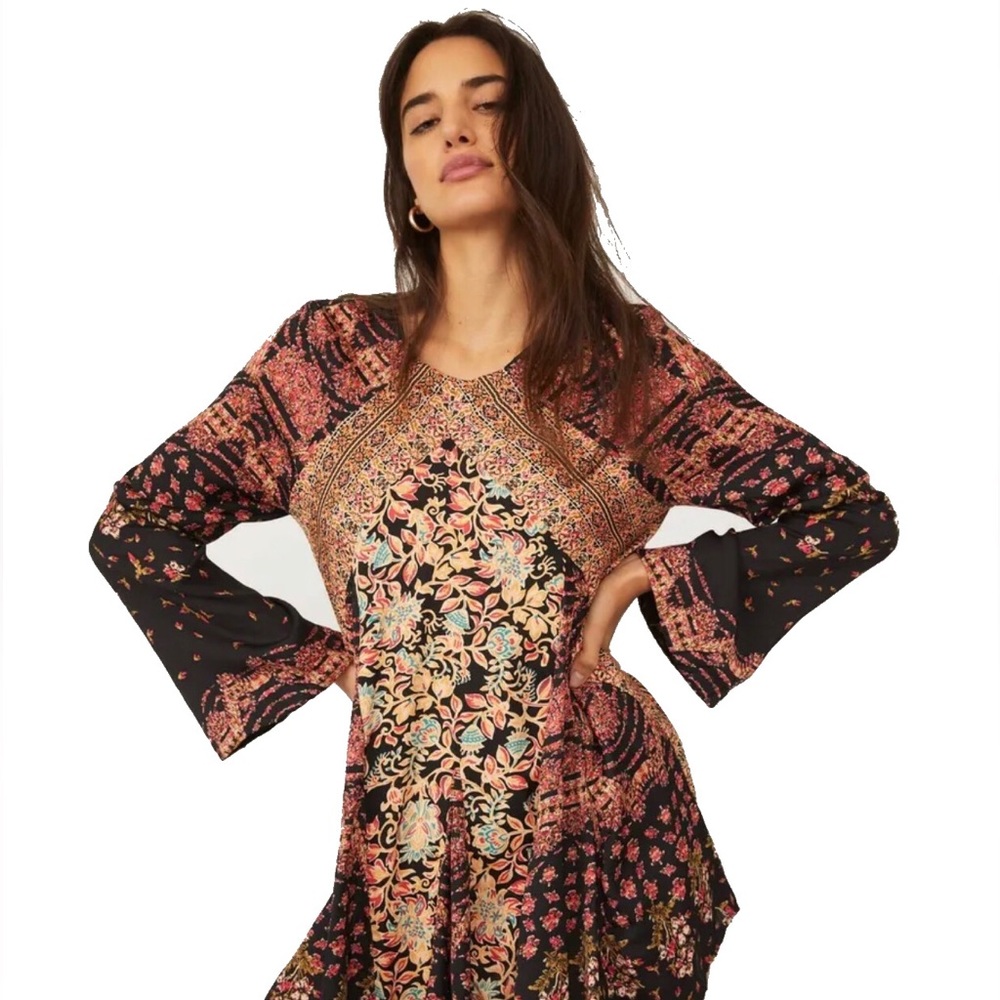 Free People Floral Bell Sleeve Stevie Dress in Black combo